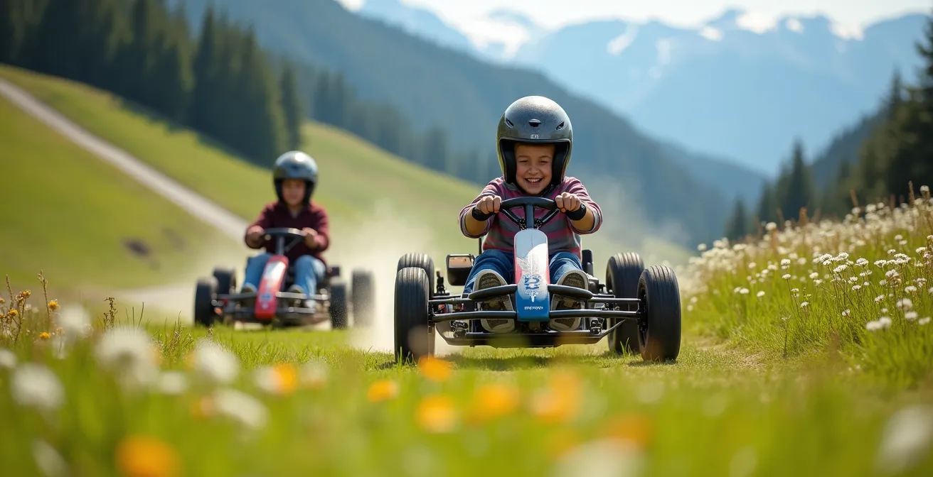 Adolescents dévalant une piste verte en Mountain Kart avec vue sur les sommets alpins