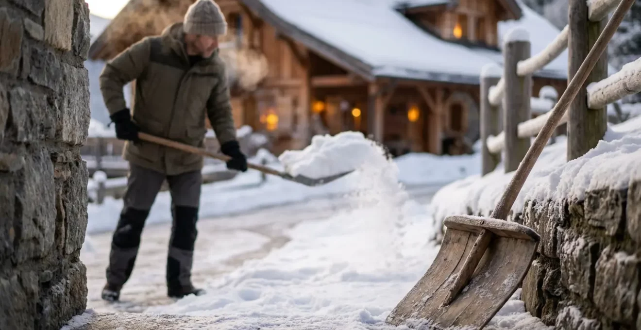 Allée enneigée d'un chalet avec pelle posée contre un muret en pierre