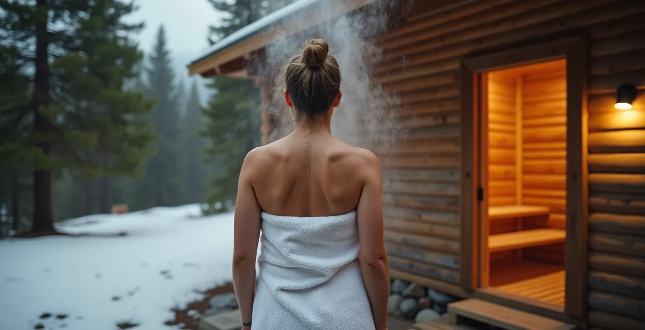Personne sortant d'un sauna en bois pour prendre une douche froide extérieure en montagne