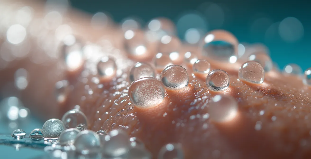 Détail macro de bulles d'eau thermale sur peau