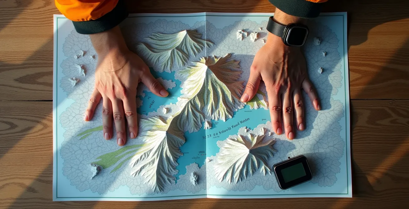 Carte topographique avec zones de risque avalanche colorées selon la méthode Munter