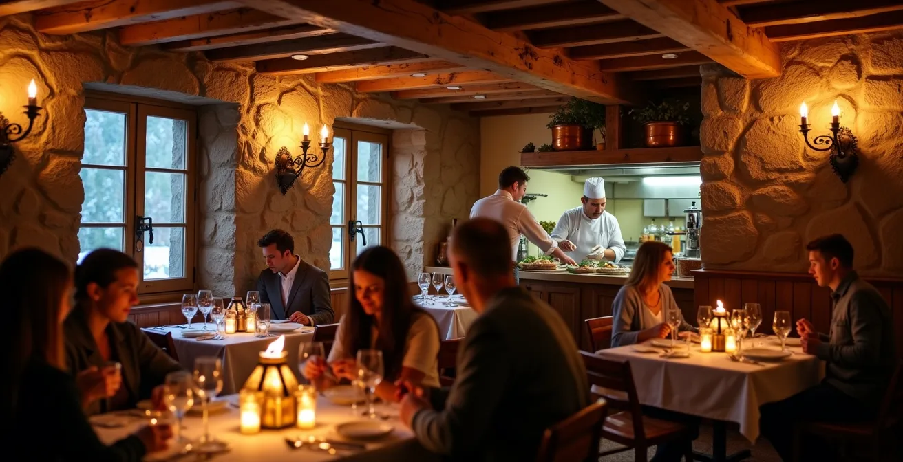 Intérieur chaleureux d'une auberge de montagne pyrénéenne avec poutres apparentes et tables dressées