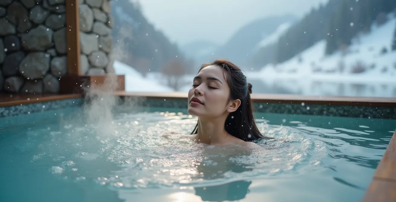Personne seule dans un bassin extérieur fumant sous la neige tombante, incarnant la tranquillité en montagne.