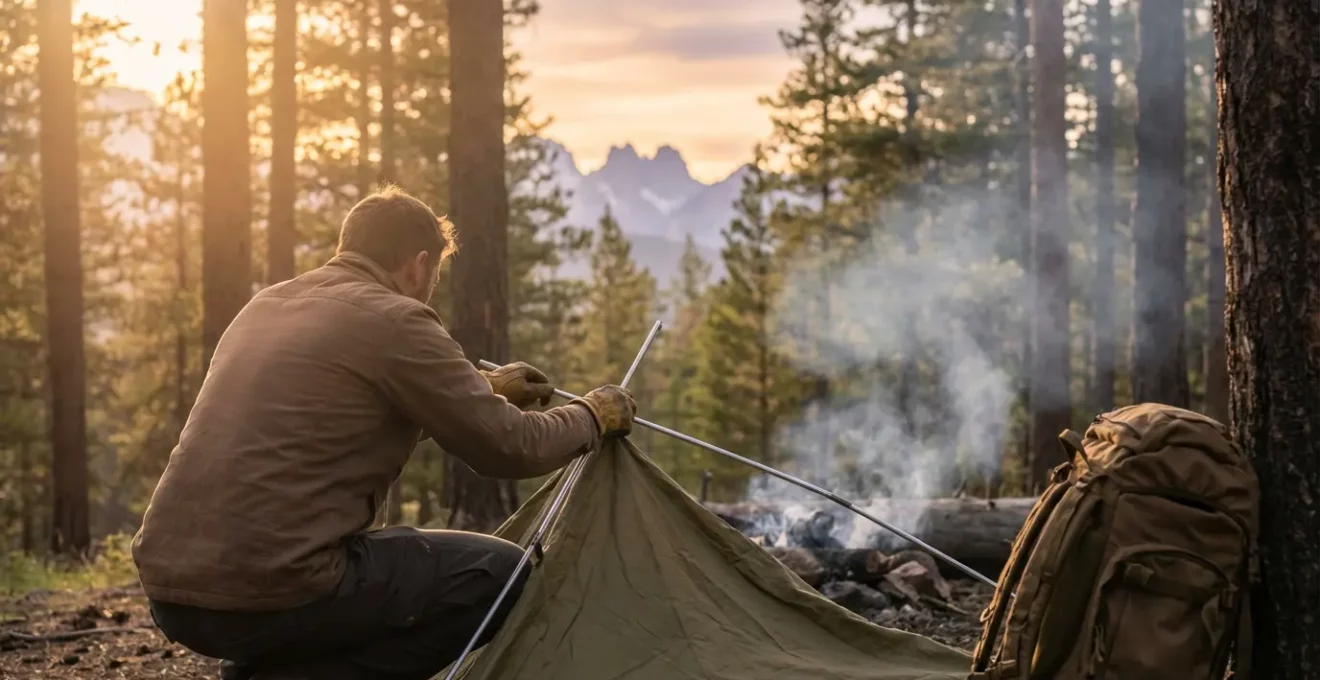 Tente minimaliste installée dans une clairière forestière au crépuscule