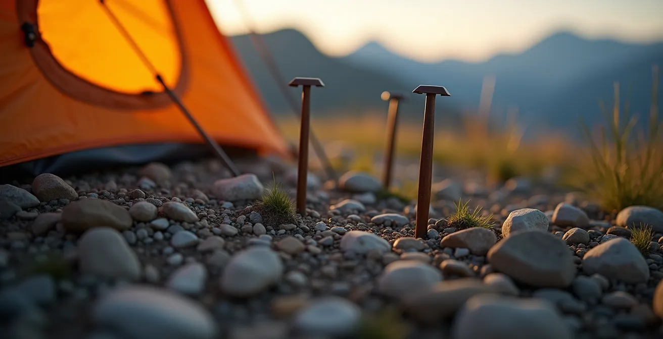 Installation d'un bivouac minimaliste sur surface minérale en montagne au coucher du soleil
