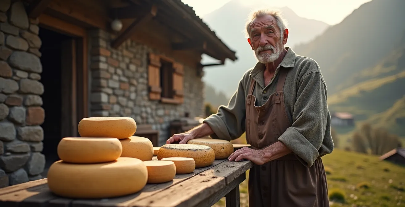 Cabane de berger traditionnelle en pierre avec berger présentant des fromages sur une table en bois