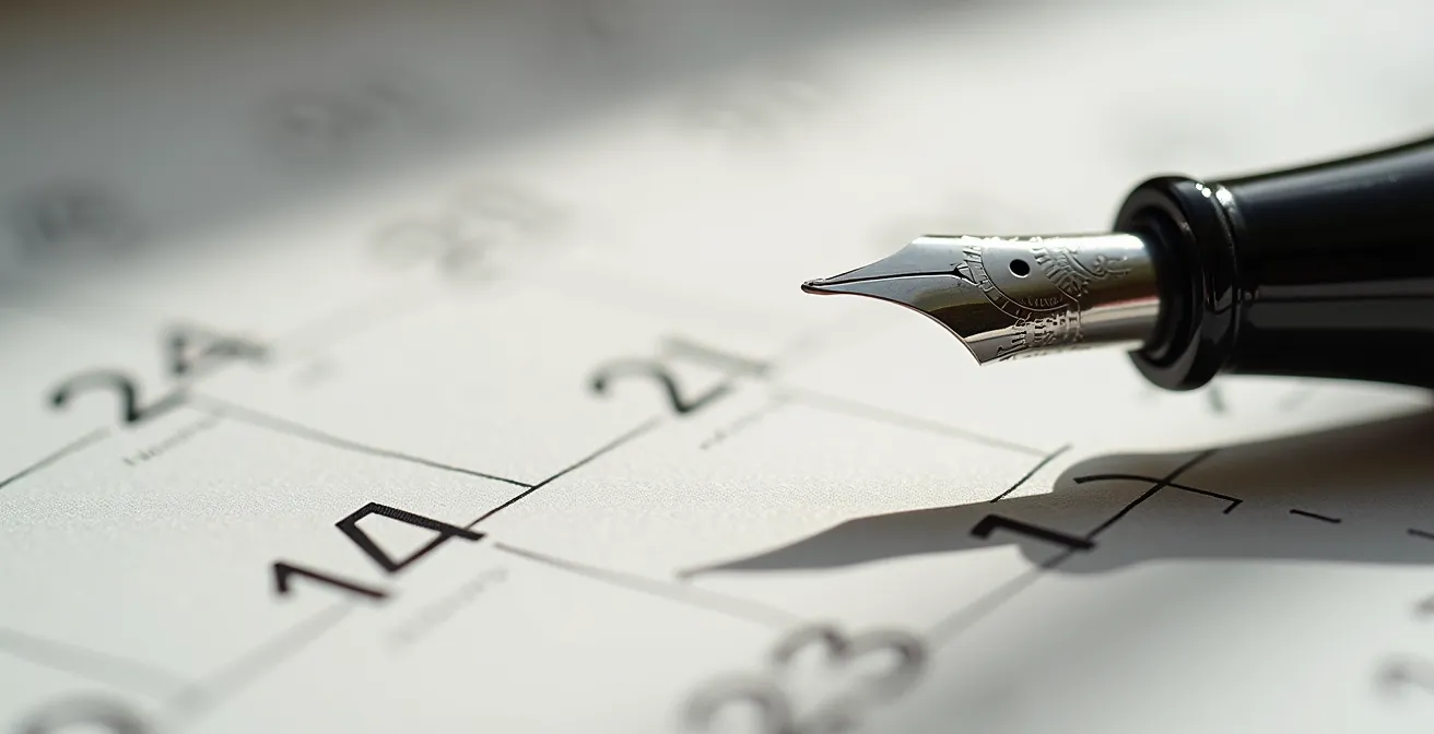 Vue macro sur un calendrier avec stylo marquant des dates stratégiques