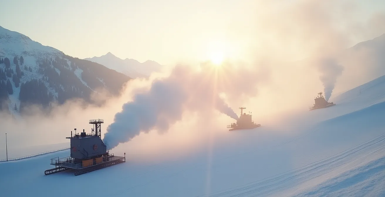 Canons à neige en action sur les pistes pyrénéennes au lever du soleil