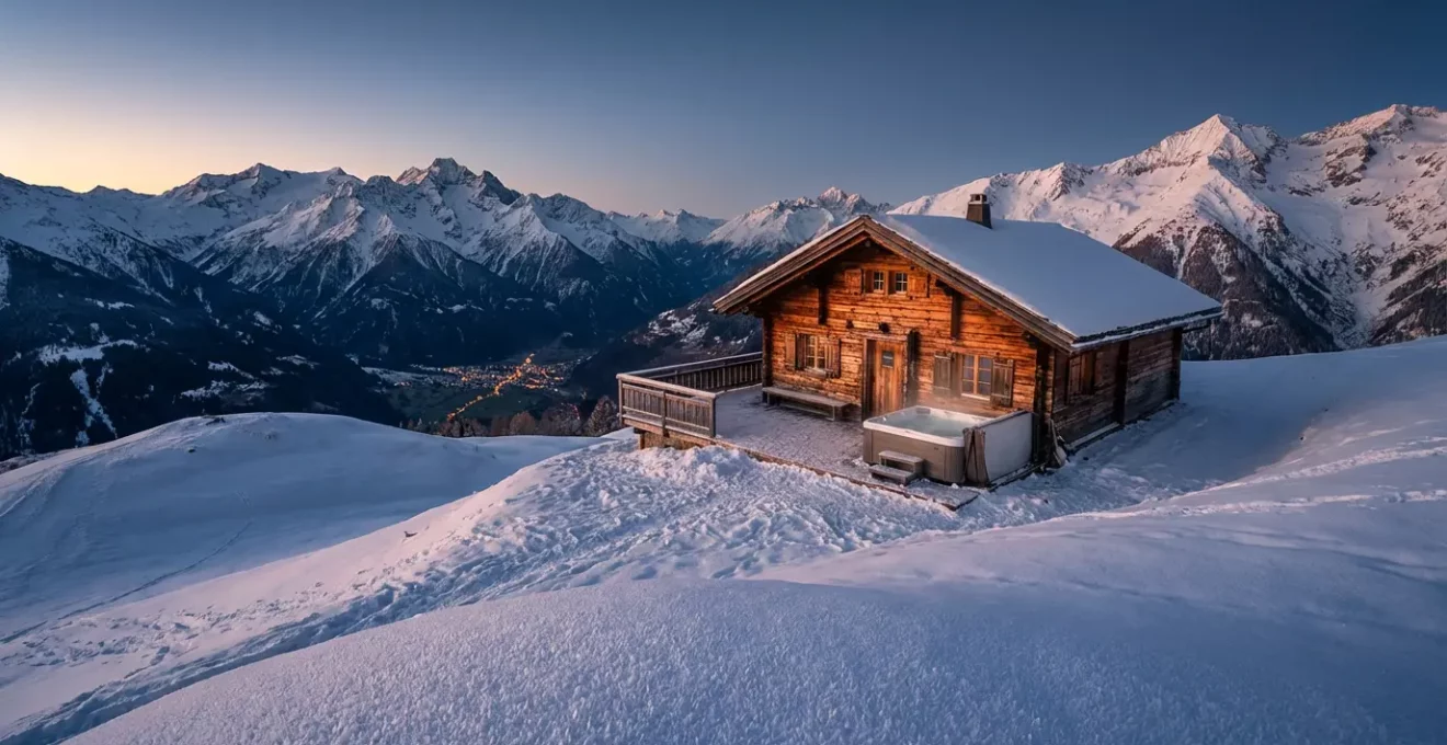 Vue panoramique d'un chalet isolé en montagne avec terrasse privée face aux sommets enneigés