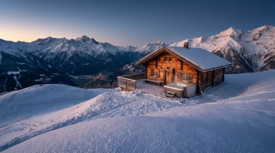 Vue panoramique d'un chalet isolé en montagne avec terrasse privée face aux sommets enneigés