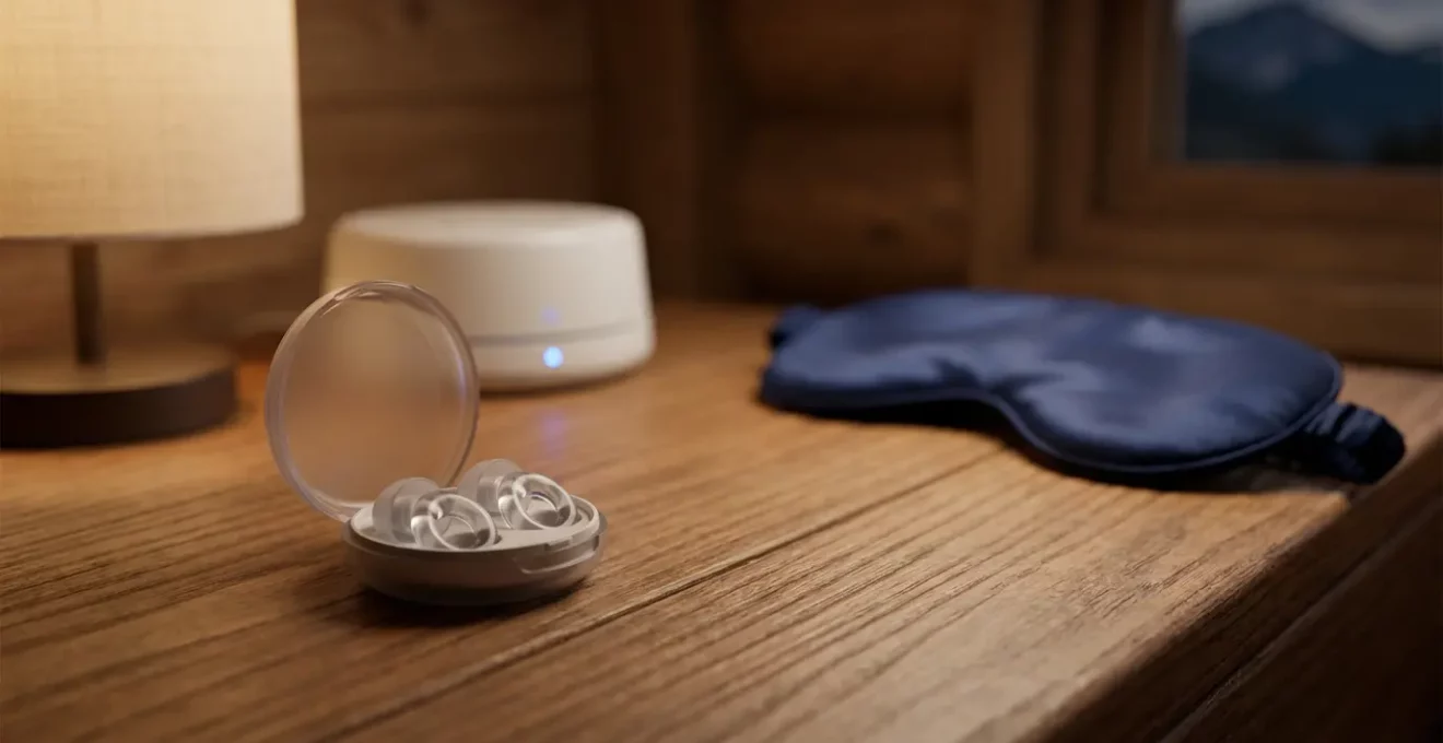 Intérieur douillet d'une chambre de station avec équipements anti-bruit sur la table de nuit