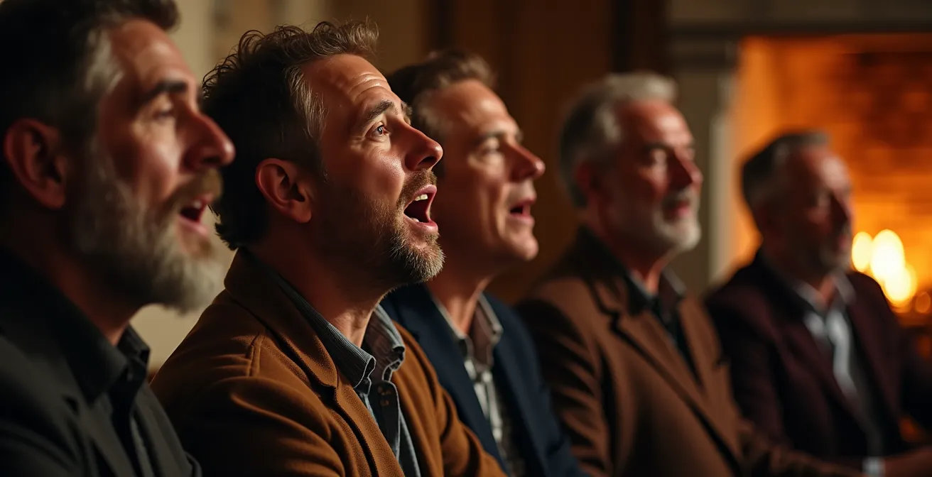 Groupe d'hommes chantant dans une auberge béarnaise traditionnelle, ambiance intime