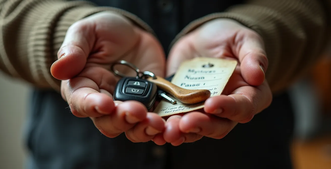 Parent épuisé dans une cuisine de chalet de montagne après une journée de ski, illustrant la charge mentale