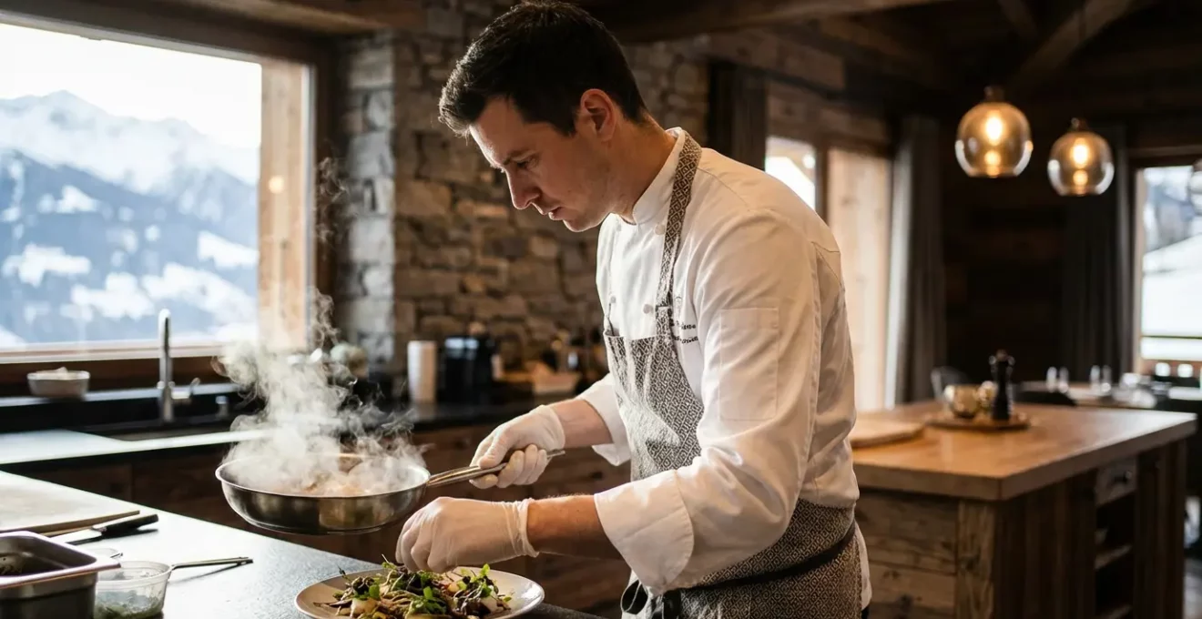 Chef en toque blanche préparant un plat gastronomique dans une cuisine de chalet avec vue sur les pistes