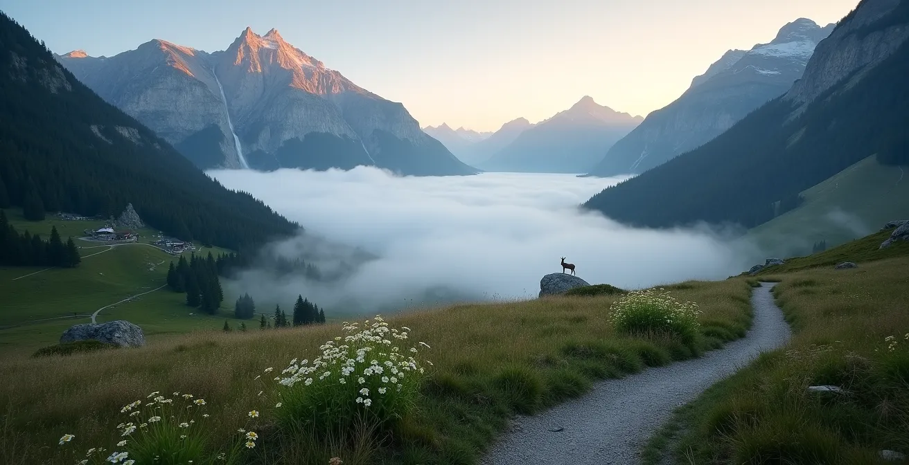 Le Cirque de Gavarnie désert au lever du soleil avec brume dans la vallée
