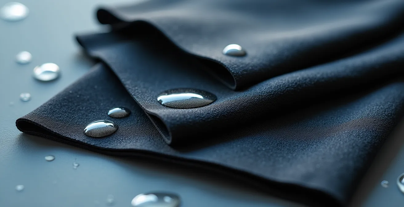 Détail macro d'une combinaison néoprène montrant différentes épaisseurs et textures