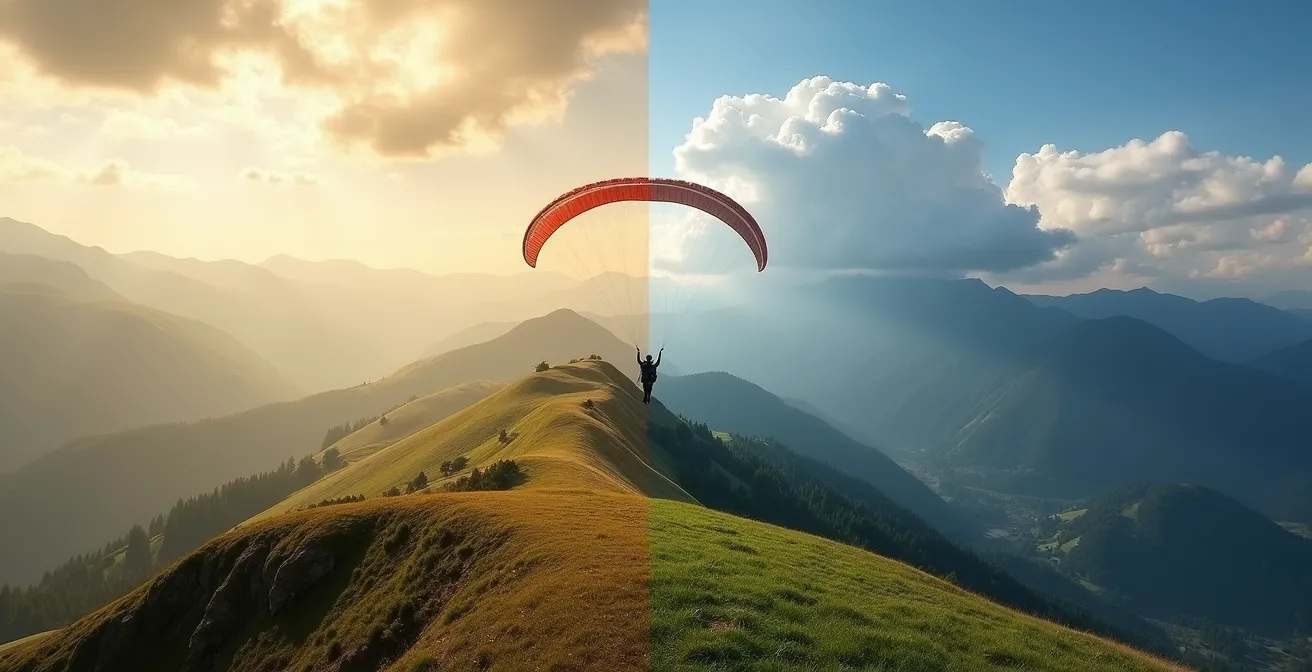 Vue panoramique comparant deux sites de parapente dans les Pyrénées avec différentes conditions aérologiques