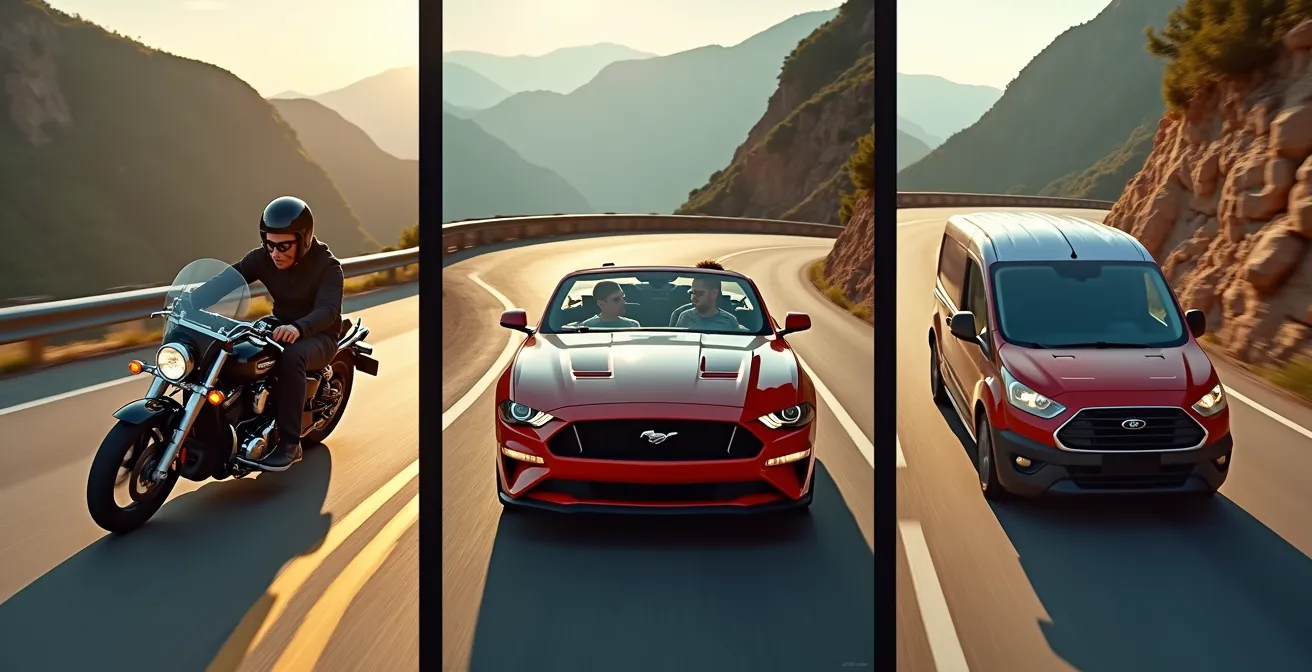 Moto, cabriolet et van négociant un virage en épingle dans un col de montagne pyrénéen