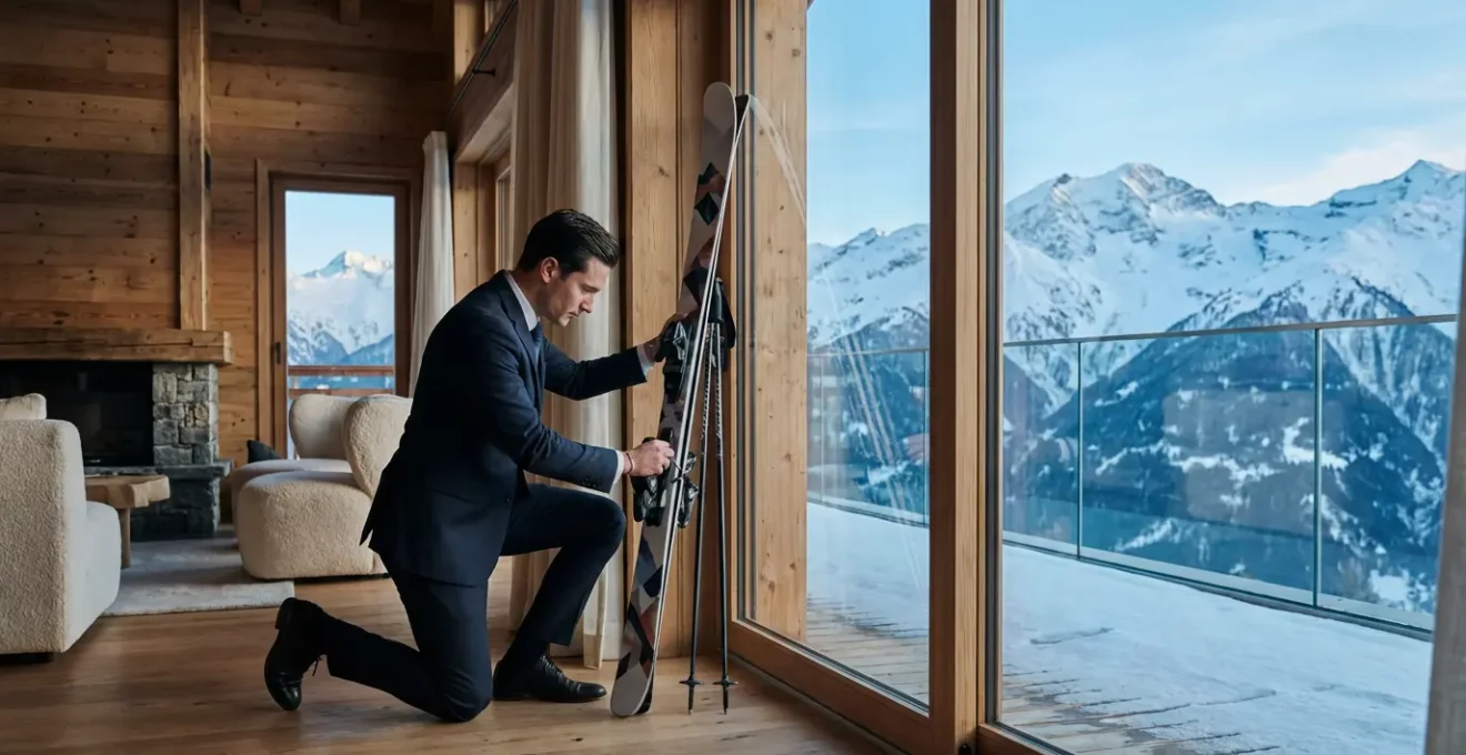 Majordome en tenue élégante préparant des skis dans un chalet luxueux avec vue sur les sommets enneigés