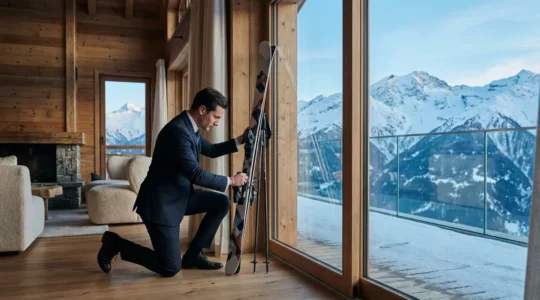 Majordome en tenue élégante préparant des skis dans un chalet luxueux avec vue sur les sommets enneigés