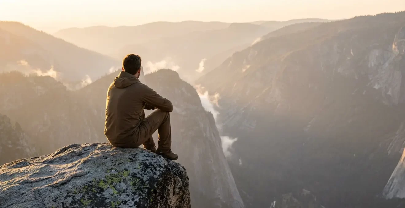 Personne assise sur un rocher contemplant un paysage montagneux dans une lumière dorée