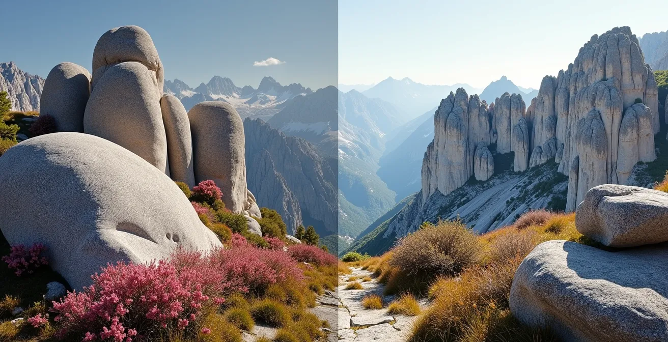 Composition montrant le contraste entre les formes douces du granite et les falaises verticales calcaires