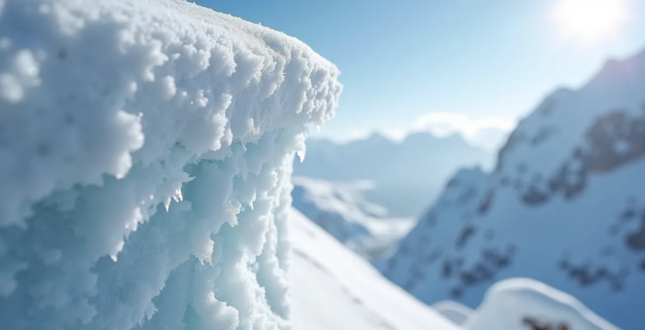 Vue en coupe d'une corniche de neige montrant la ligne de rupture invisible
