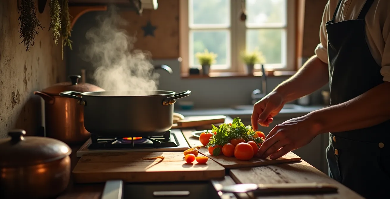 Cuisine rustique de gîte d'étape avec ustensiles suspendus et fenêtre donnant sur la vallée
