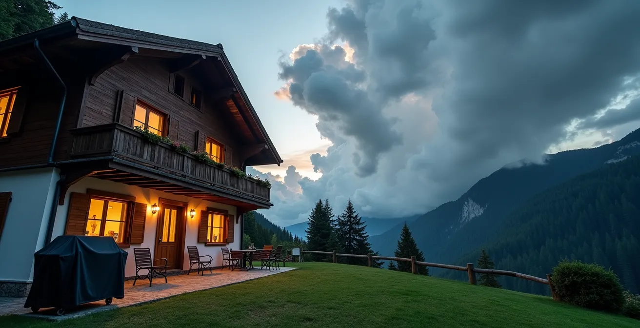 Formation de cumulus bourgeonnants au-dessus d'un alpage avec chalet en premier plan