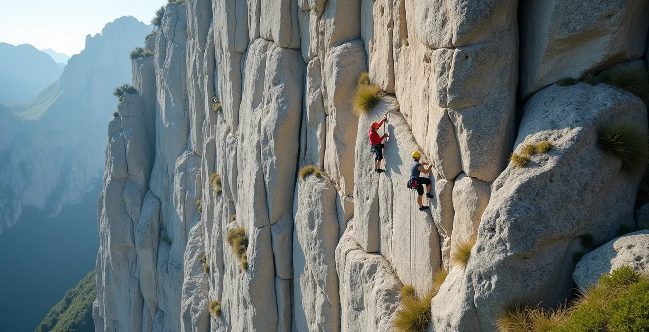 Vue large montrant deux cordées décalées latéralement sur une falaise calcaire pyrénéenne