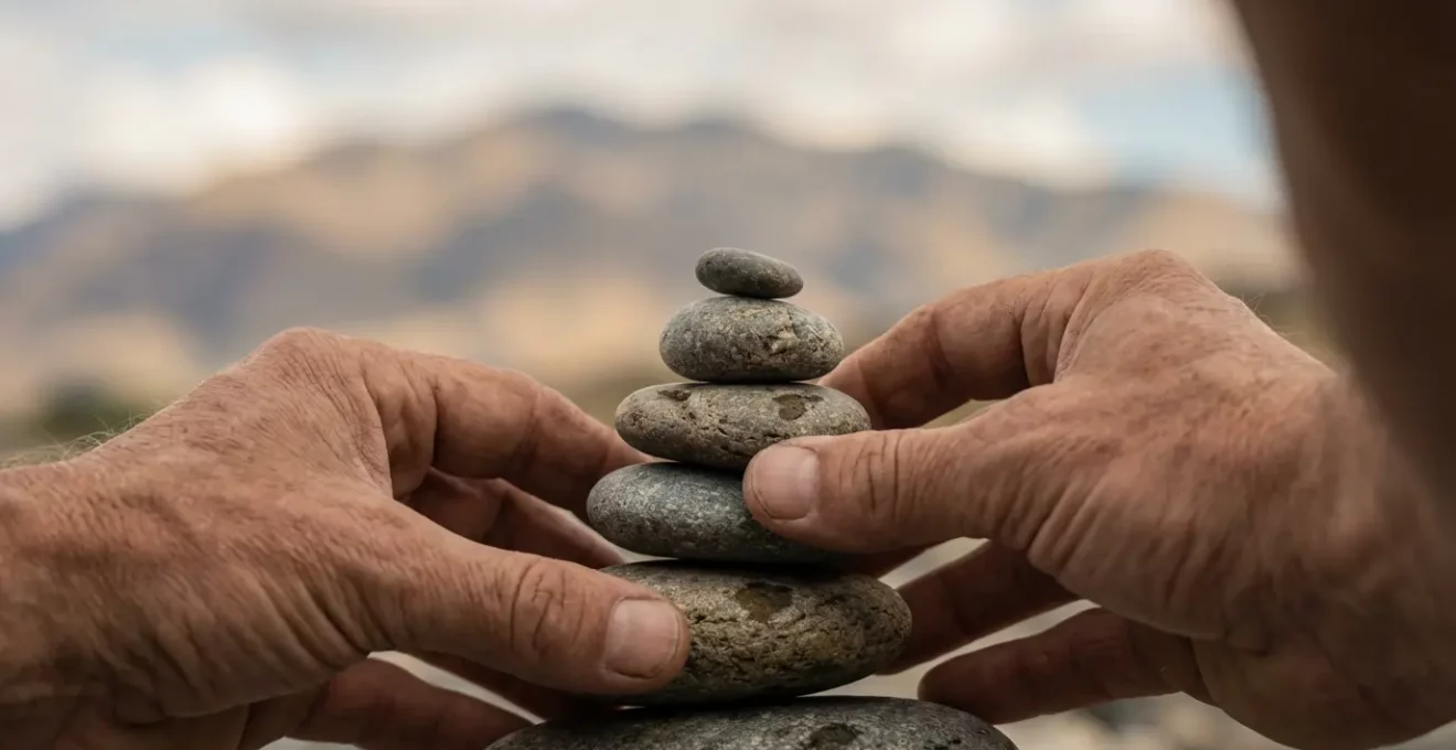 Mains tenant délicatement des galets empilés en équilibre avec vue floue sur la montagne