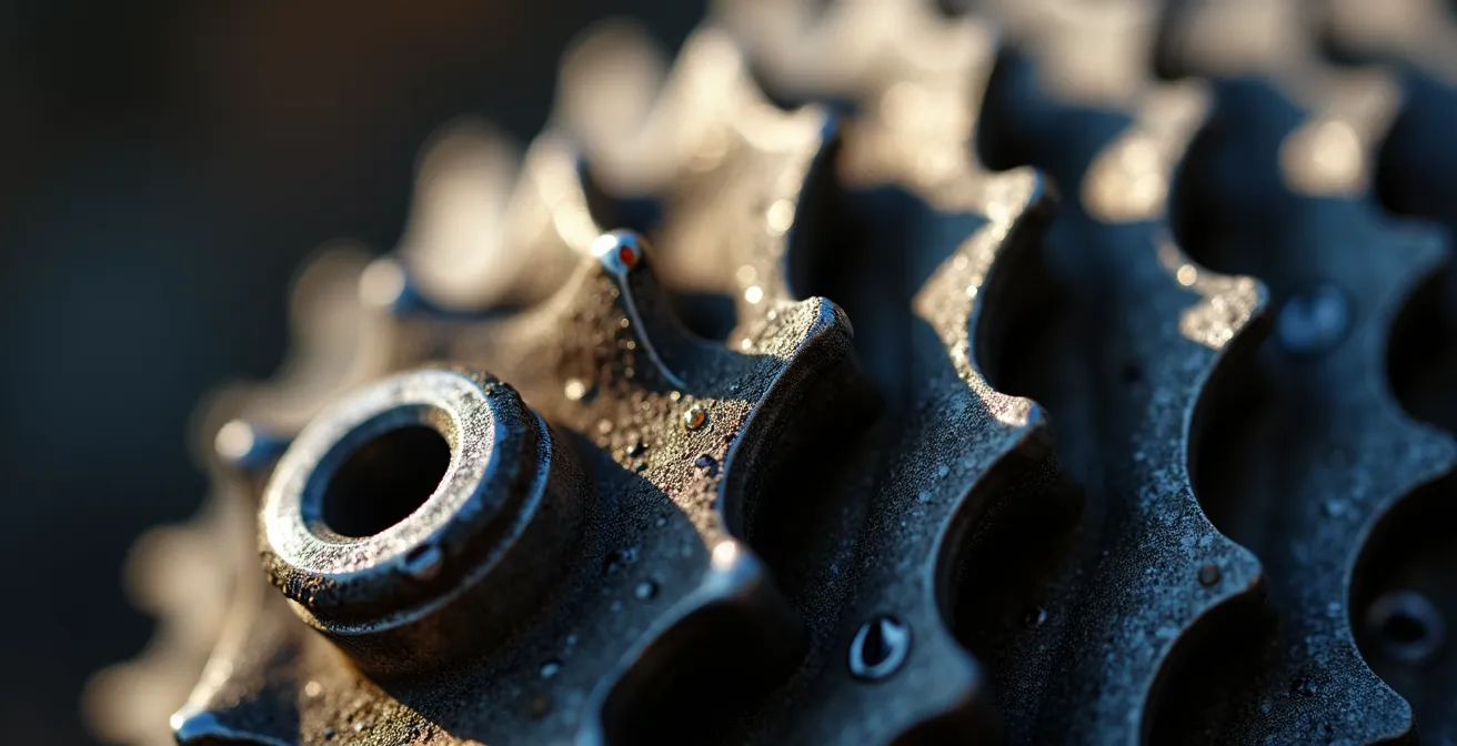 Gros plan macro sur une cassette de vélo de montagne montrant les dentures