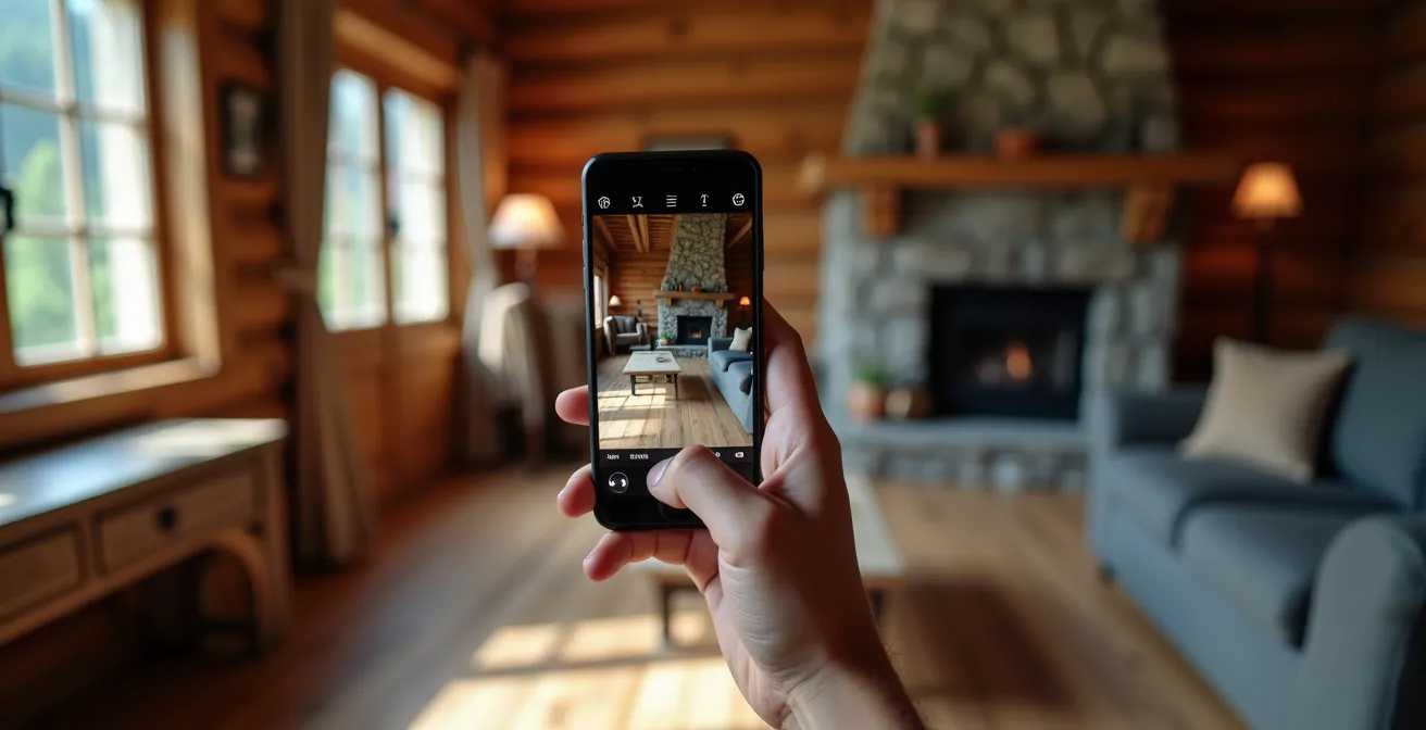 Main tenant un smartphone filmant l'intérieur d'un chalet avec détails du parquet