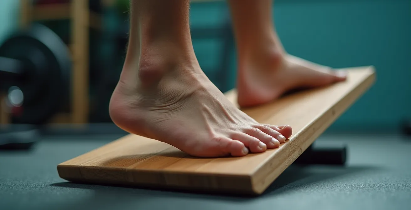 Démonstration d'exercices de proprioception sur plan incliné pour renforcer les chevilles