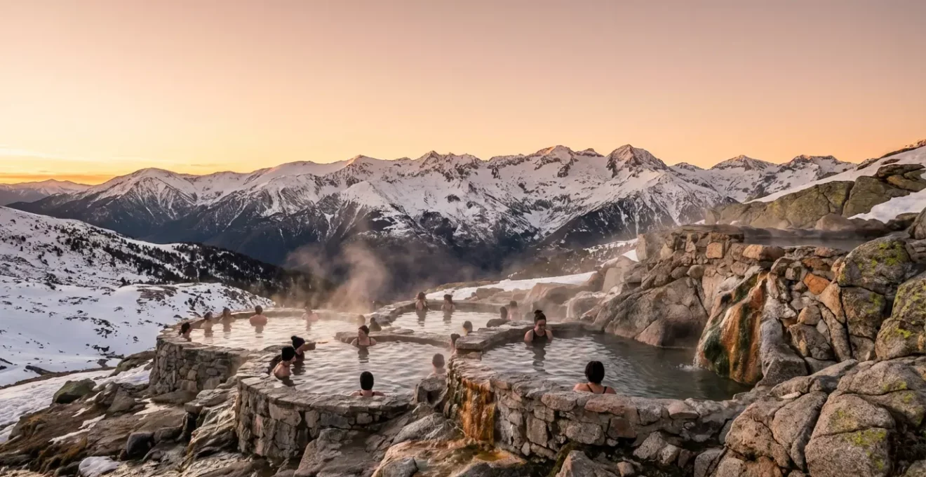 Baigneurs profitant d'un bassin d'eau chaude naturelle dans un amphithéâtre de pierre avec vue panoramique sur les sommets enneigés des Pyrénées