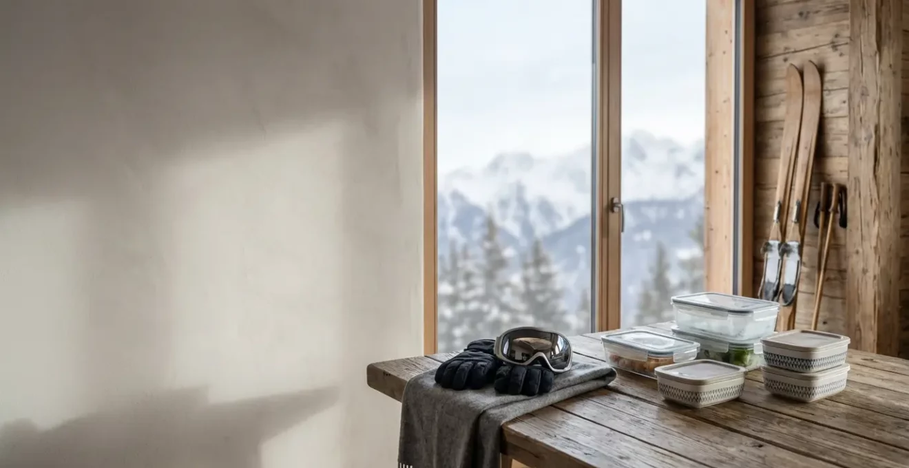 Famille organisant matériel et provisions pour une semaine de ski en autonome dans un chalet de montagne