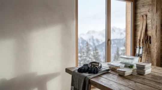 Famille organisant matériel et provisions pour une semaine de ski en autonome dans un chalet de montagne