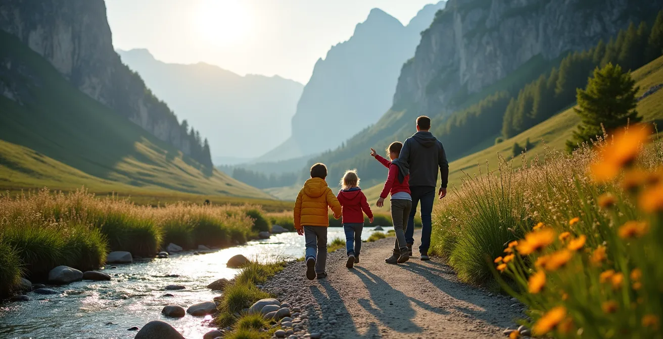 Famille avec enfants marchant sur le sentier le long du Gave de Gavarnie