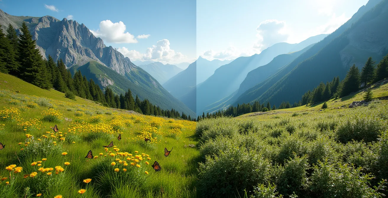 Comparaison visuelle entre une prairie pâturée et une zone embroussaillée en montagne