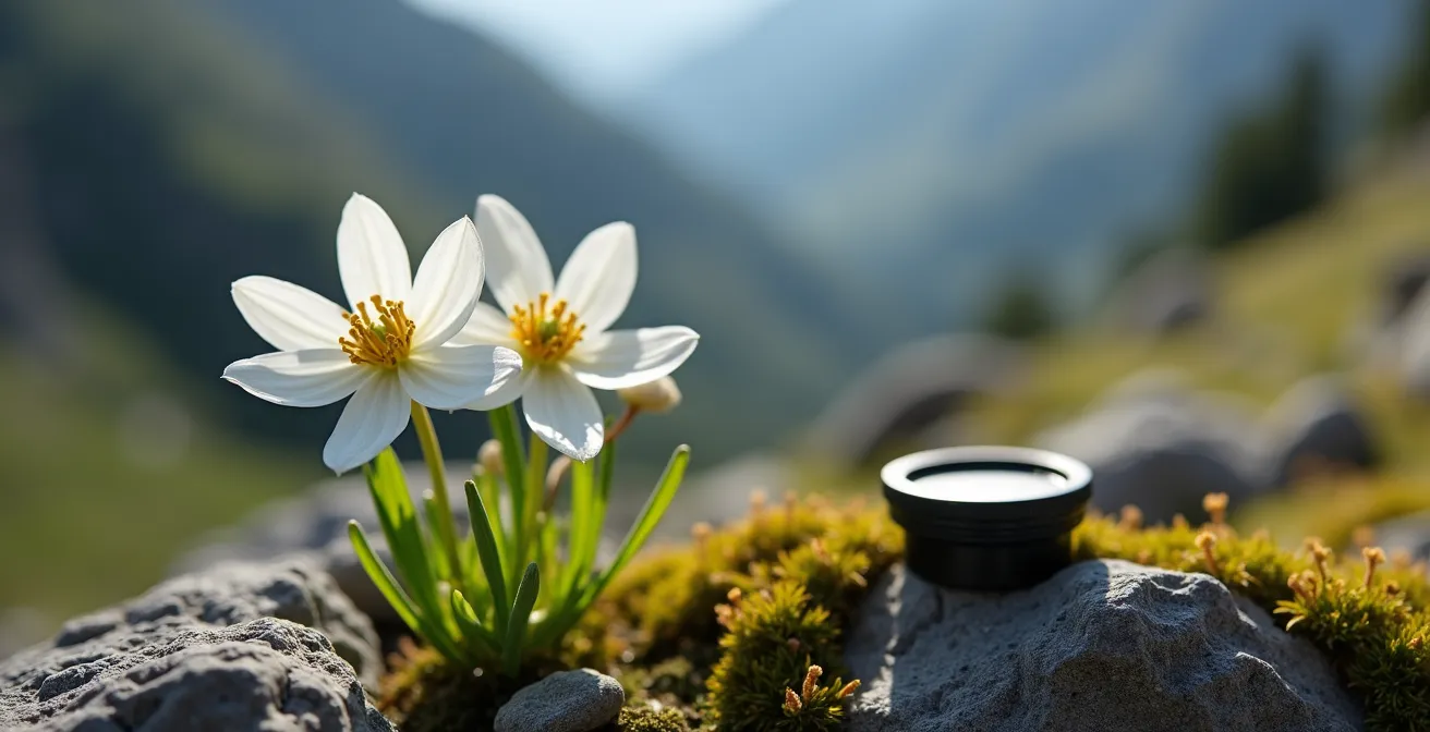 Photographie macro d'une fleur alpine rare dans son environnement naturel préservé