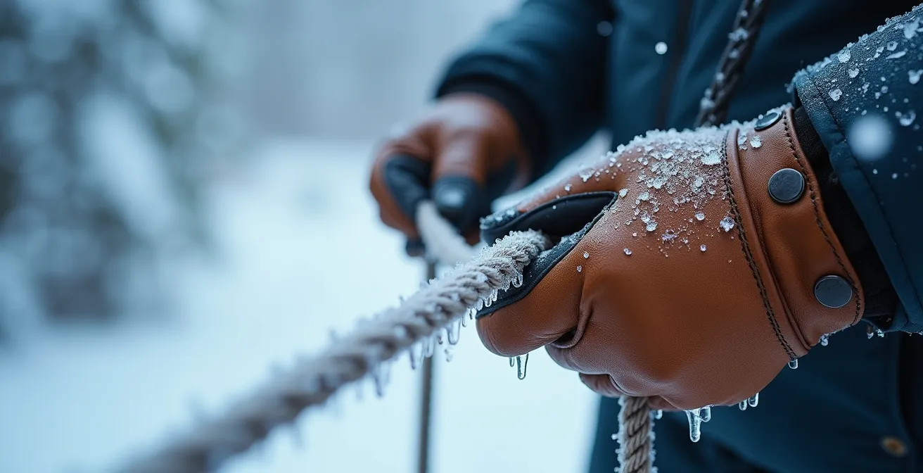 Détail macro de mains gantées manipulant des lignes de trait givrées