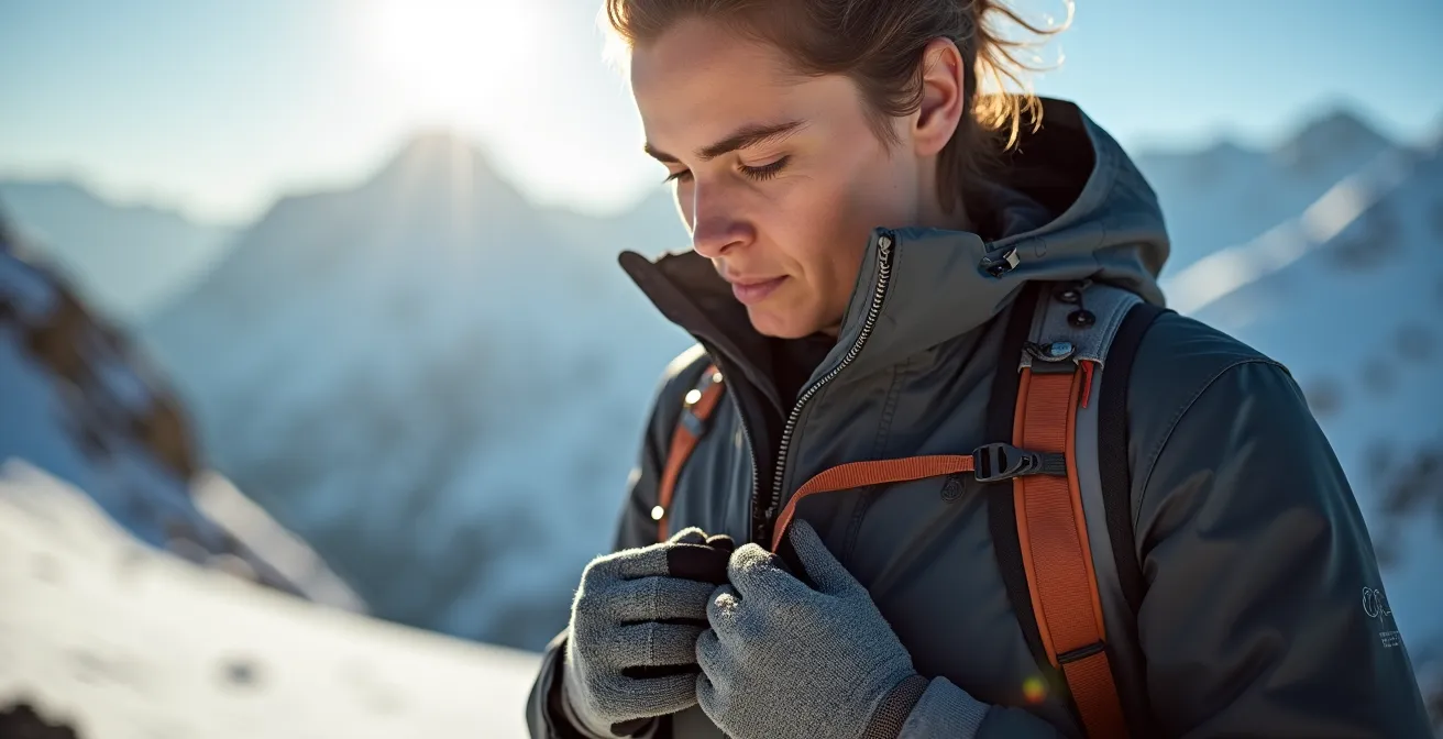 Randonneur ajustant ses couches de vêtements dans un environnement enneigé