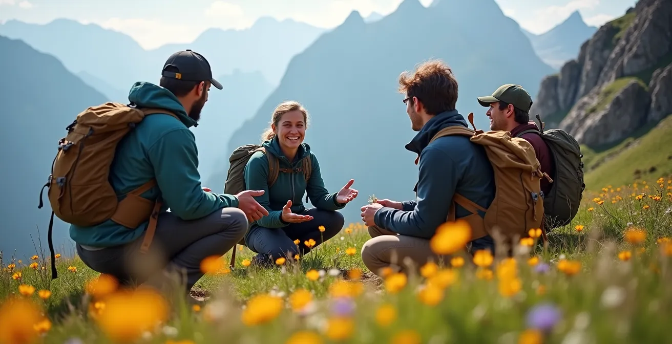 Un guide de montagne montre des plantes alpines à un petit groupe de randonneurs attentifs en altitude