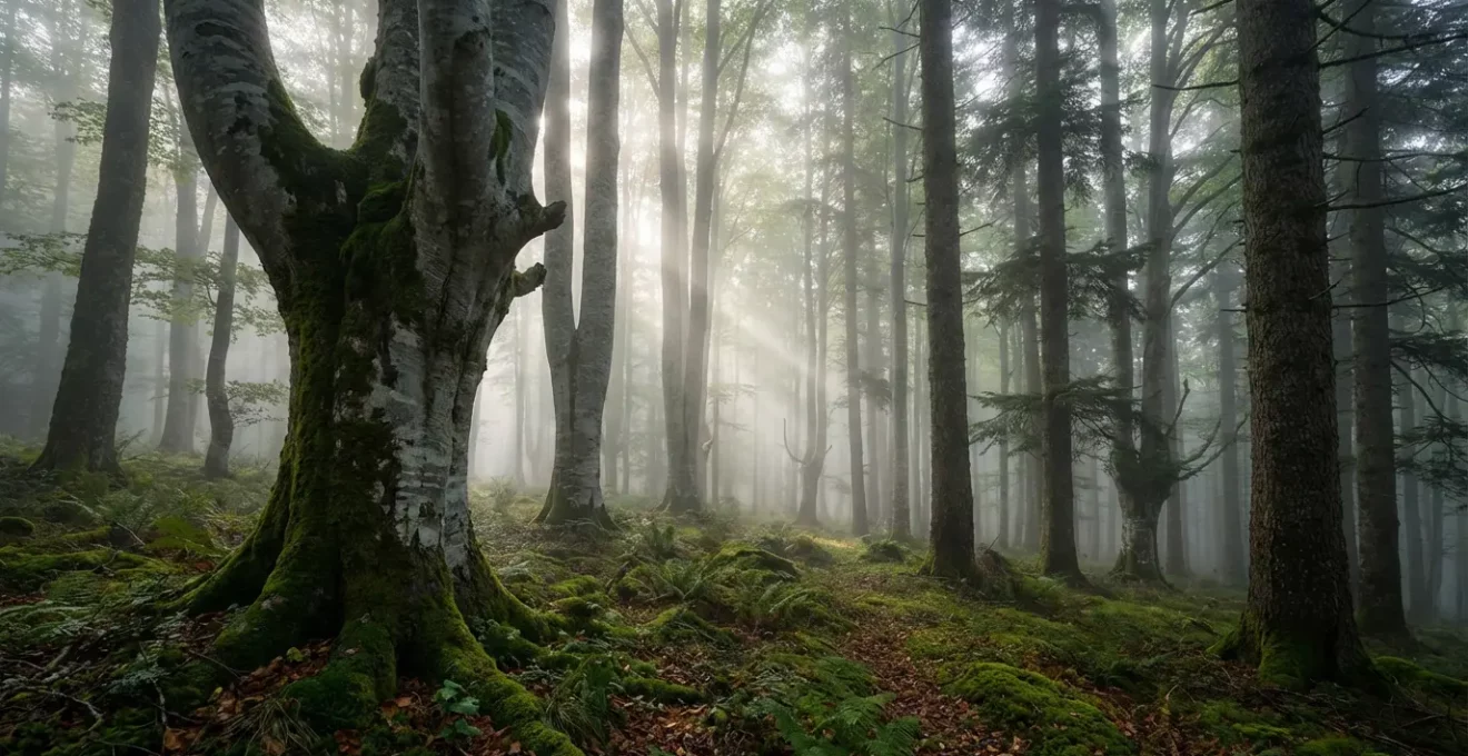 Forêt de hêtres et sapins dans la brume automnale des Pyrénées avec troncs majestueux