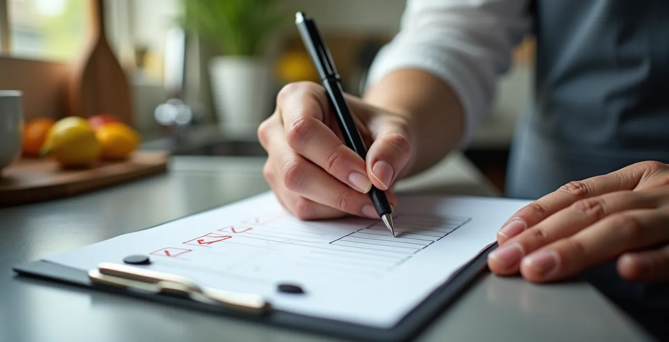 Main cochant une liste d'inventaire dans un studio de montagne à l'arrivée