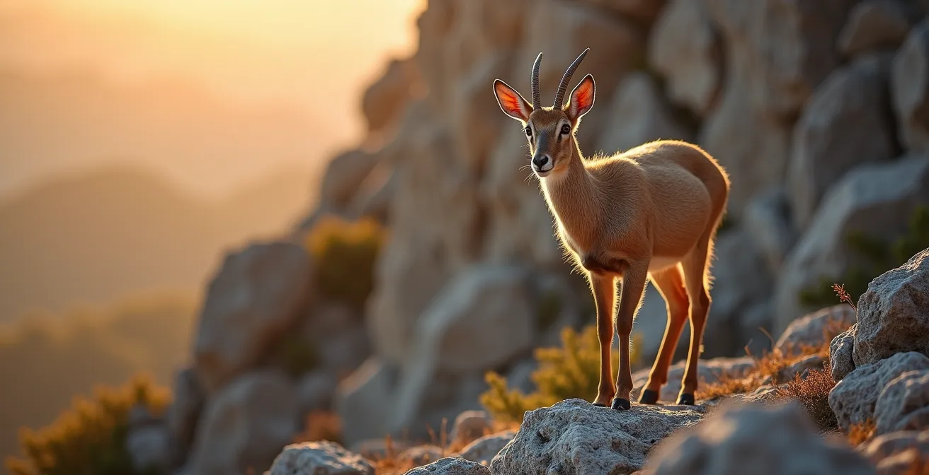 Isard en position de surveillance sur un rocher avec le vent soufflant dans sa direction