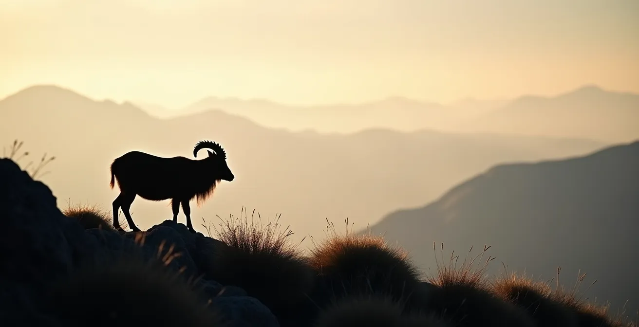 Isard solitaire sur une crête rocheuse ventée des Pyrénées en été