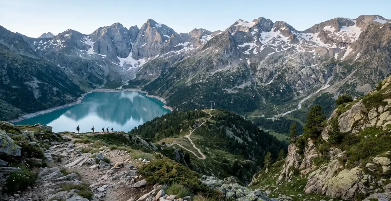 Vue panoramique du Lac de Gaube avec randonneurs sur le sentier et télésiège en arrière-plan dans les Pyrénées