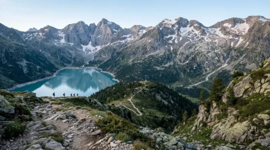 Vue panoramique du Lac de Gaube avec randonneurs sur le sentier et télésiège en arrière-plan dans les Pyrénées