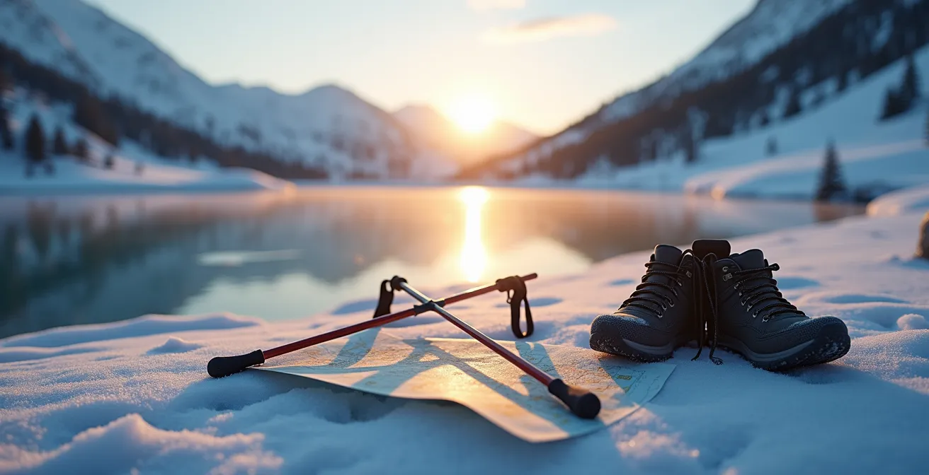 Lac de montagne gelé au lever du soleil avec reflets dorés sur la neige